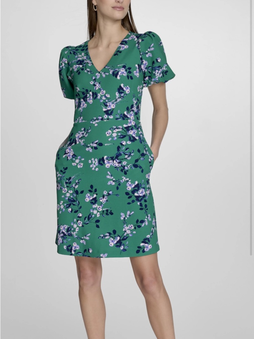Andrew Marc Green Floral V-Neck Mini Dress